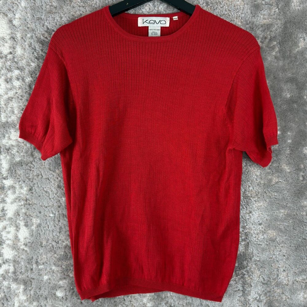 Kevo Womens Size L 100% Silk Ribbed Sweater Red Short Sleeve Pullover Outdoor